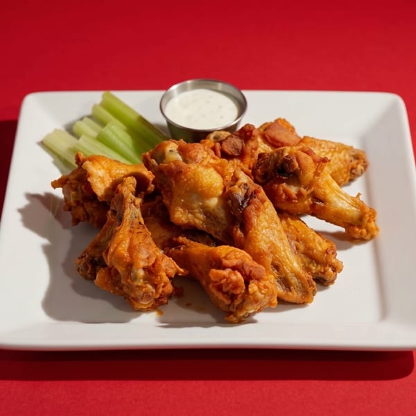 Plate of golden-brown chicken wings with celery sticks and a side of ranch dressing.