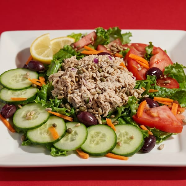 Tuna salad with lettuce, tomatoes, cucumbers, olives, sunflower seeds, and a lemon wedge.