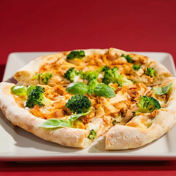 Chicken and broccoli pizza with basil on a white plate against a red background.