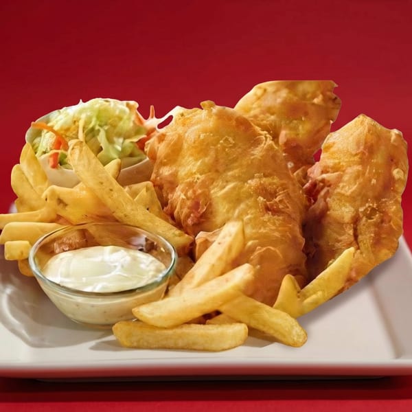Golden-brown fish and chips with coleslaw and tartar sauce on a white plate against a red background.